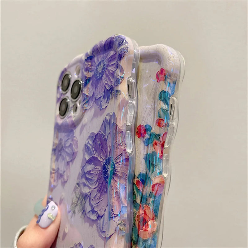 Luxury Laser Oil Painting Flowers iPhone Case - Anti-Scratch, Shockproof, Elegant Design