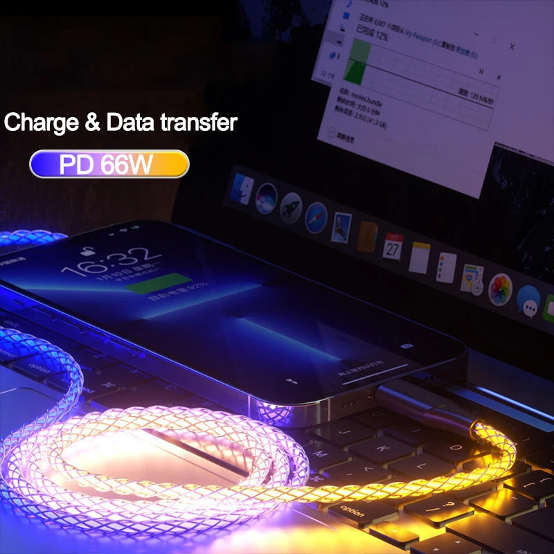 Ultra-Fast 6A 66W RGB Lights USB Type C Charging Cable - Universal for Apple and Android Devices