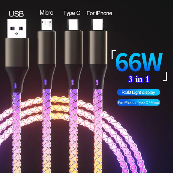 Ultra-Fast 6A 66W RGB Lights USB Type C Charging Cable - Universal for Apple and Android Devices