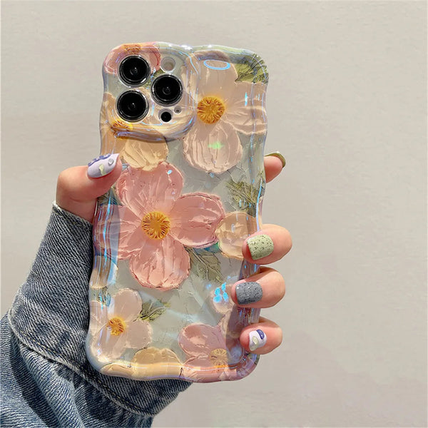 Luxury Laser Oil Painting Flowers iPhone Case - Anti-Scratch, Shockproof, Elegant Design