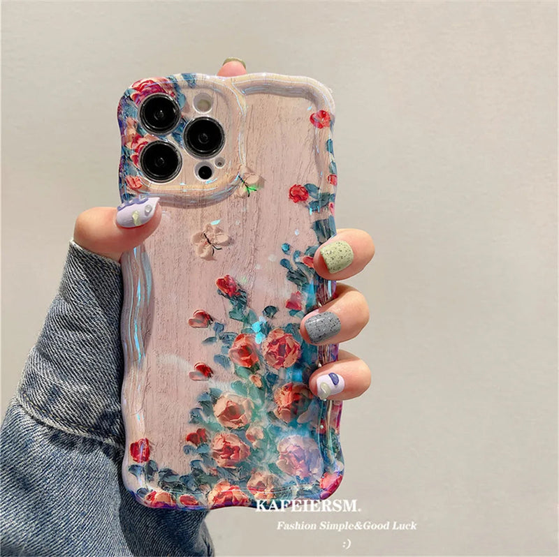 Luxury Laser Oil Painting Flowers iPhone Case - Anti-Scratch, Shockproof, Elegant Design