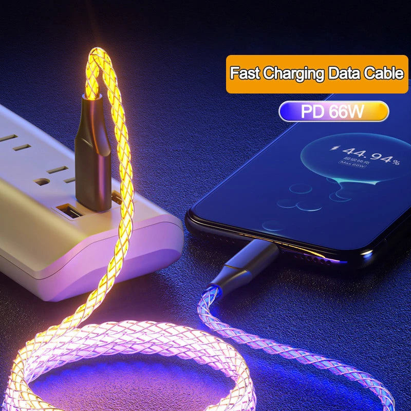 Ultra-Fast 6A 66W RGB Lights USB Type C Charging Cable - Universal for Apple and Android Devices