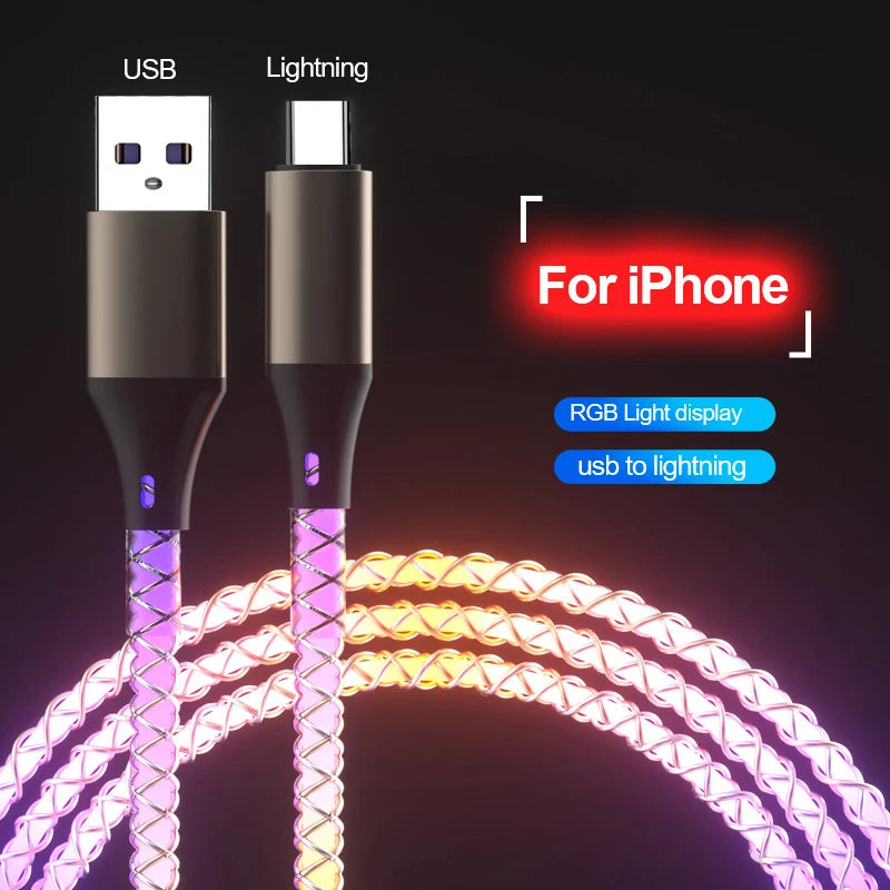 Ultra-Fast 6A 66W RGB Lights USB Type C Charging Cable - Universal for Apple and Android Devices