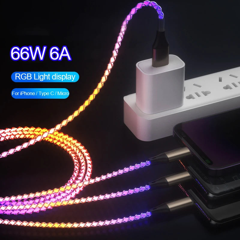 Ultra-Fast 6A 66W RGB Lights USB Type C Charging Cable - Universal for Apple and Android Devices