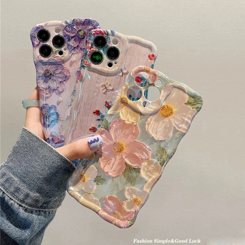 Luxury Laser Oil Painting Flowers iPhone Case - Anti-Scratch, Shockproof, Elegant Design