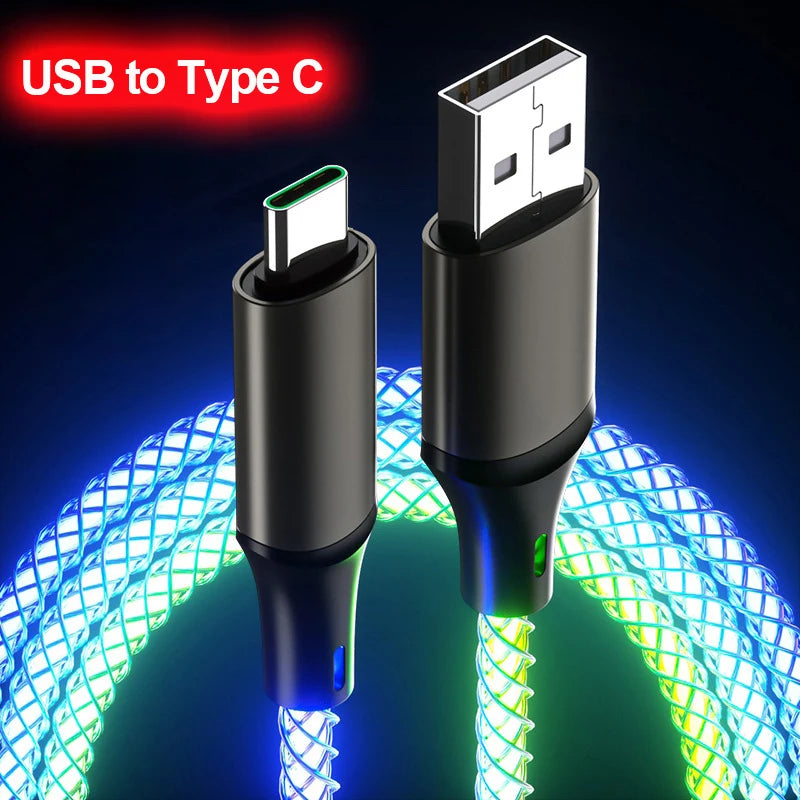 Ultra-Fast 6A 66W RGB Lights USB Type C Charging Cable - Universal for Apple and Android Devices