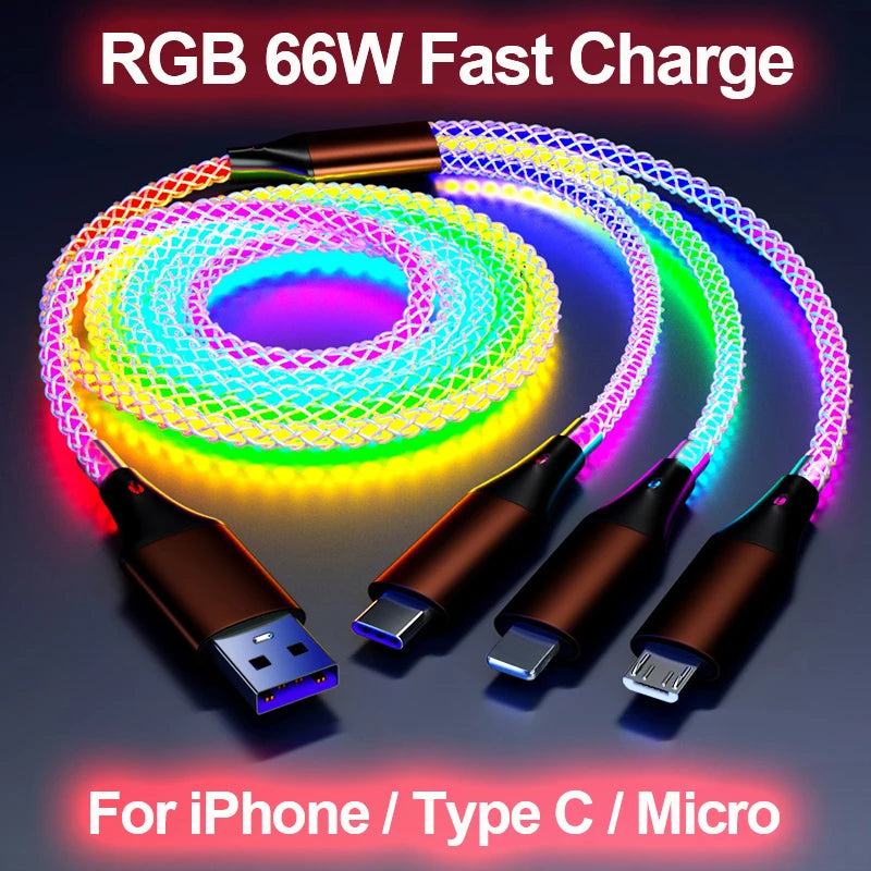 Ultra-Fast 6A 66W RGB Lights USB Type C Charging Cable - Universal for Apple and Android Devices